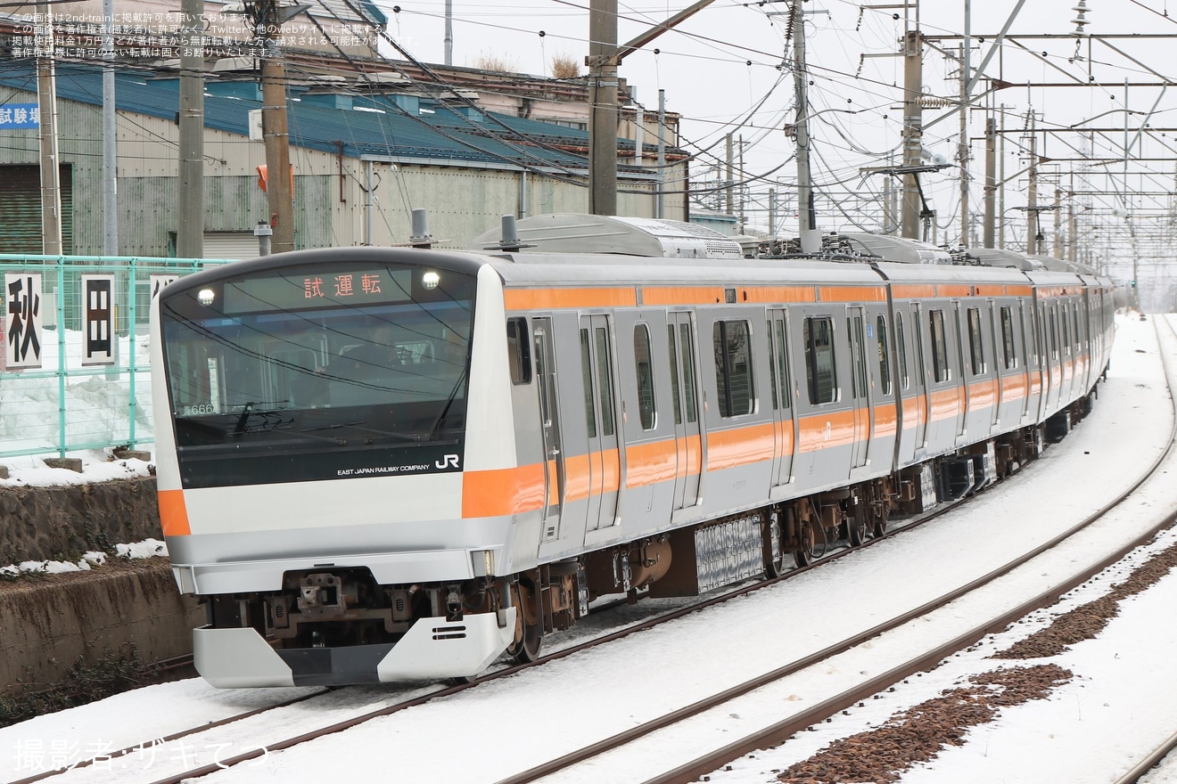 【JR東】E233系青666編成秋田総合車両センター構内試運転の拡大写真