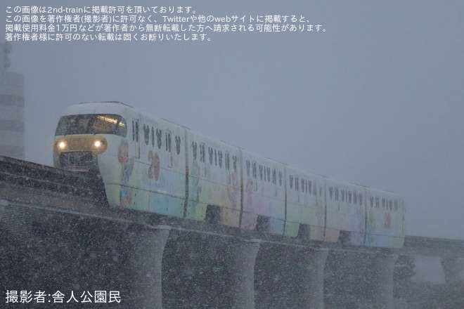 【舞浜リ】ダッフィー＆フレンズ・カラフルハピネス・ライナーが除雪ブラシを着けて運行を不明で撮影した写真