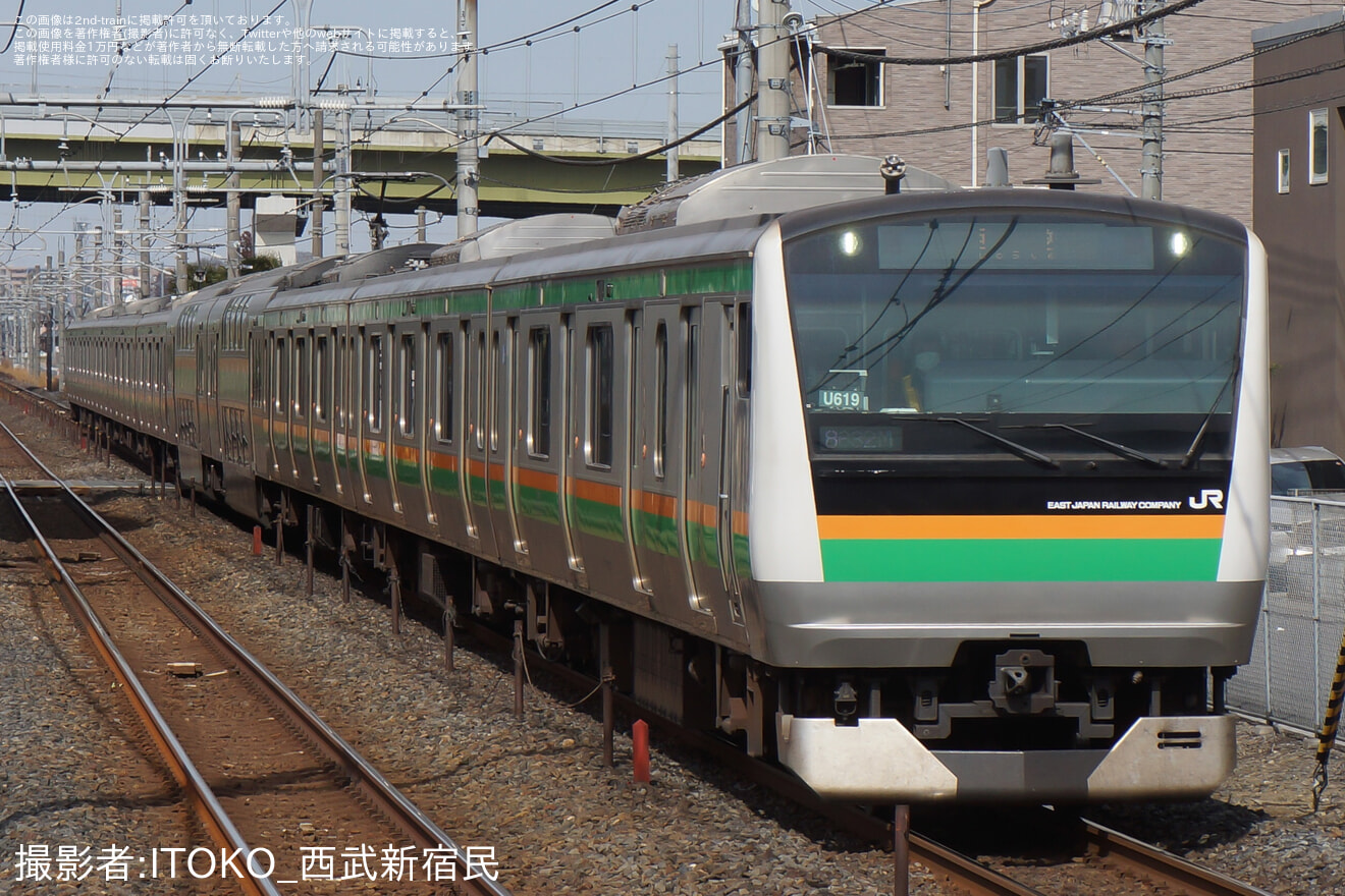 【JR東】宇都宮線の古河〜野木間で架線当該のE233系U619編成大宮総合車両センター入場回送の拡大写真