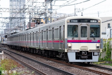 【京王】7000系7703Fの連結面に転落防止幌が設置された姿を先頭で本線走行(20260415)