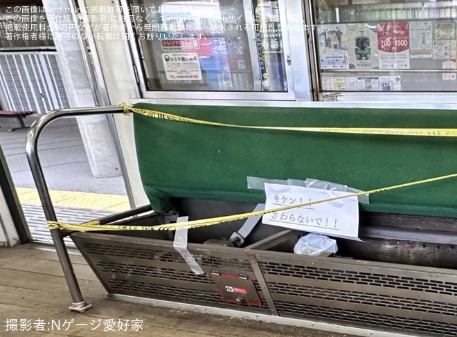 【江ノ電】300形305Fの座席が外れているのを確認を稲村ヶ崎駅駅で撮影した写真