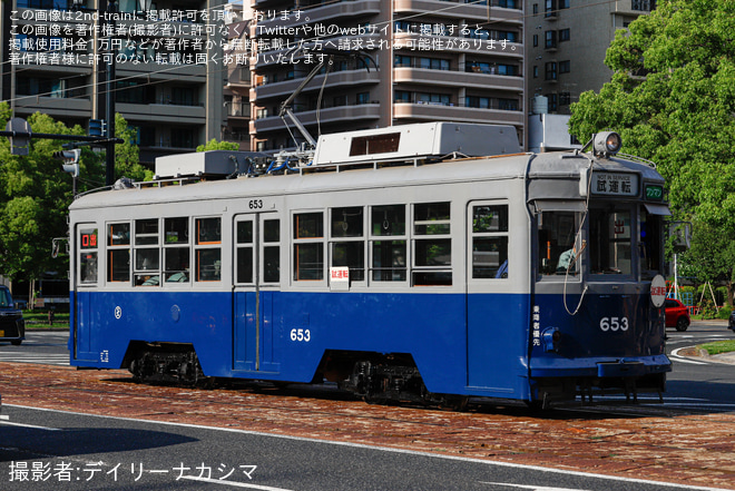 【広電】650形653号車が復刻塗装で千田車庫出場試運転（2枚目）