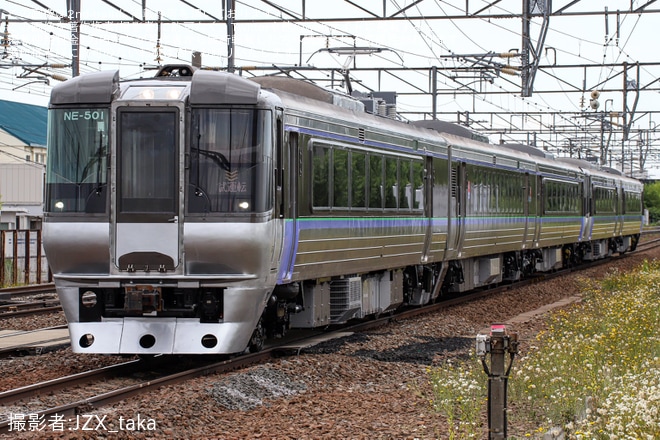 【JR北】785系NE-501編成苗穂工場出場試運転(202607)を不明で撮影した写真