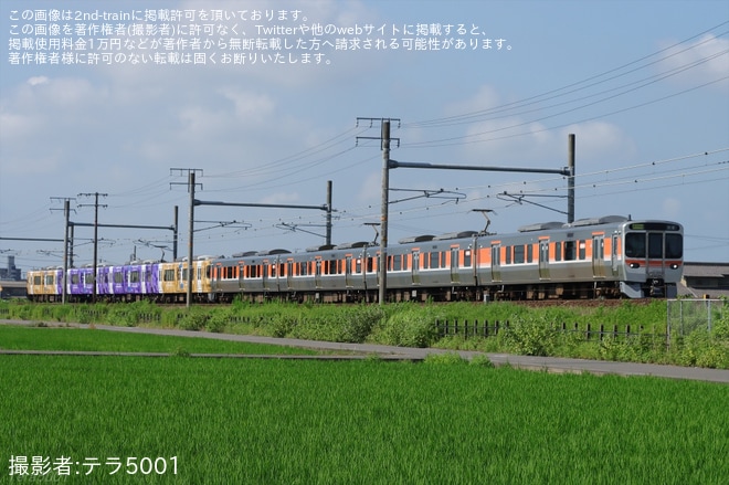     【JR海】「愛知・名古屋2026大会」ラッピングの313系Y4編成が315系と併結を不明で撮影した写真