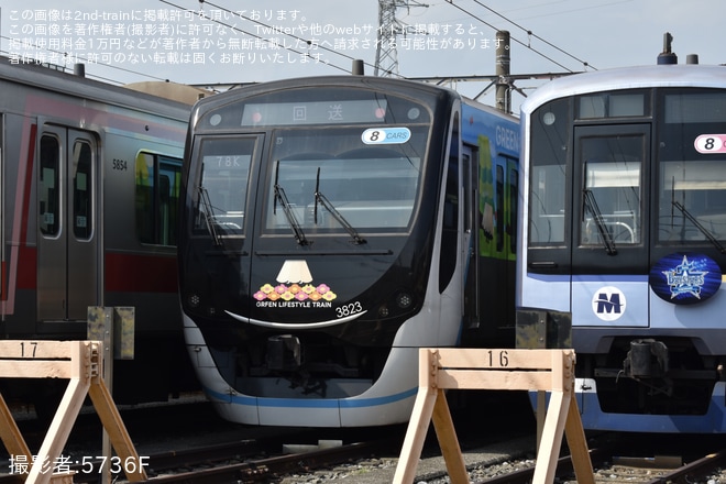 【東急】3020系3123Fが「GREEN LIFESTYLE TRAIN」にを元住吉検車区付近で撮影した写真