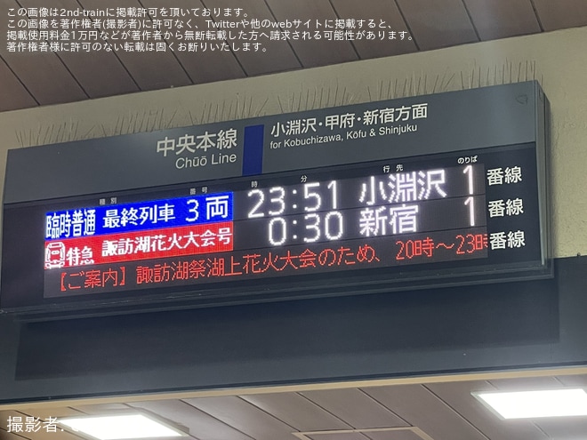 【JR東】E353系による臨時特急「諏訪湖花火大会号」を運行を不明で撮影した写真