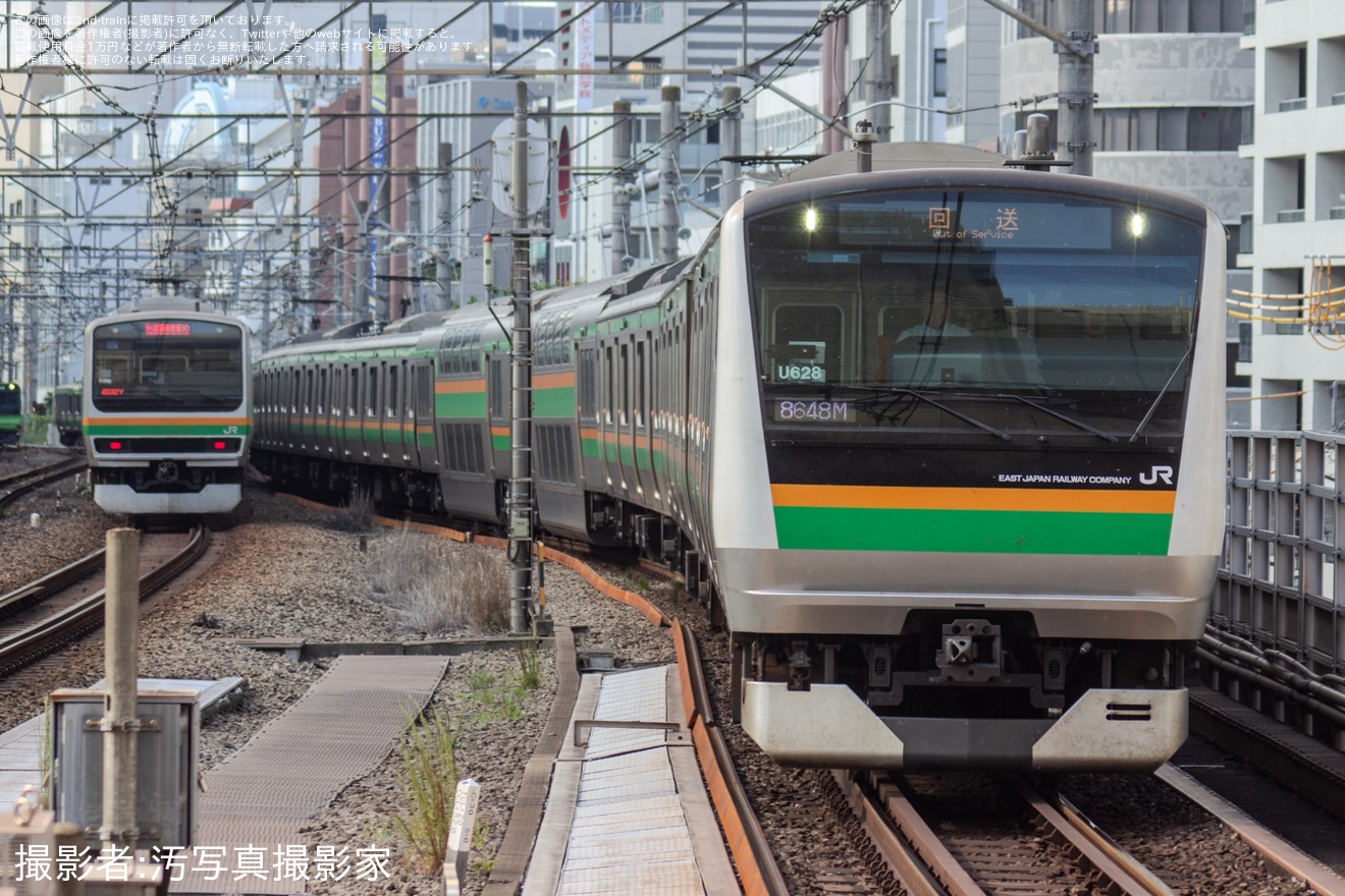 【JR東】E233系ヤマU628編成が東京総合車両ベースへ入場回送の拡大写真