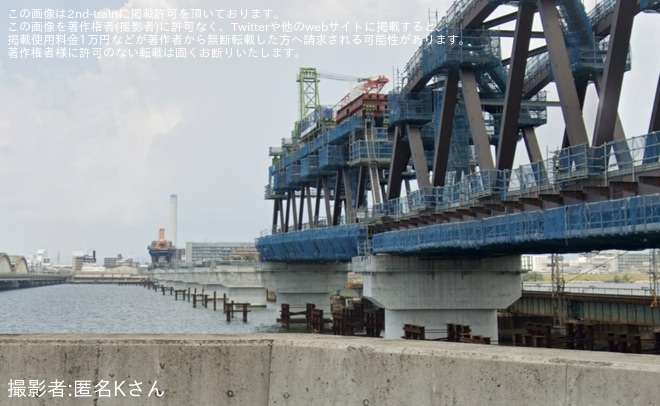 【阪神】阪神なんば線淀川橋梁改築事業 伝法方の架設工事が再開 - 伝法～福間にて撮影