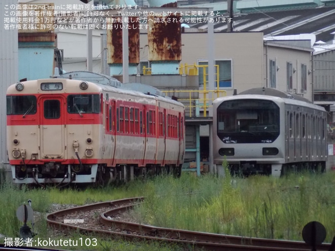 【JR九】キハ66系第1ユニットと307系改造中の元70-000形Z9編成が並ぶを不明で撮影した写真